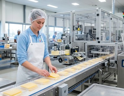 Empleado en el envasado de queso